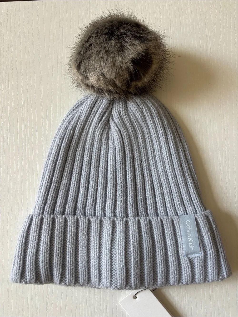 Calvin Klein Grey Ribbed Knit Beanie with Faux-Fur Pom